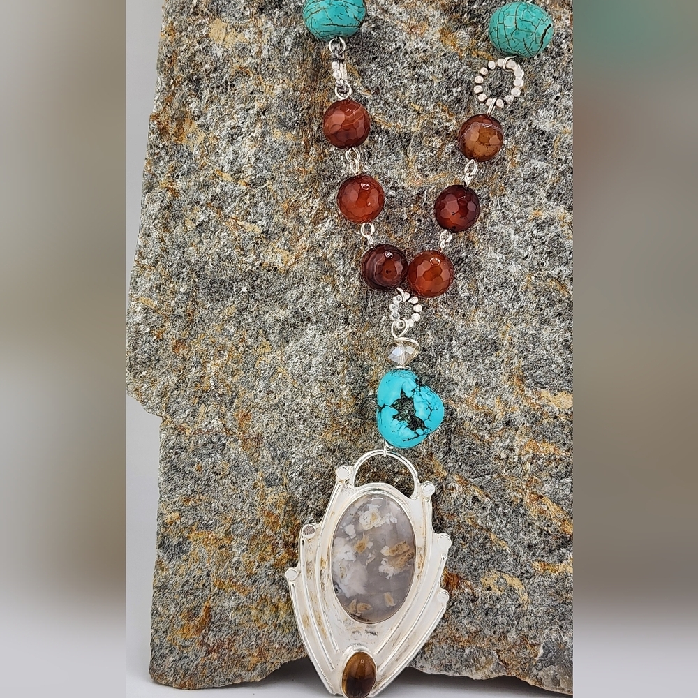 TURQUOISE, CARNELIAN, & DENDRITIC AGATE NECKLACE HANDMADE IN STERLING SILVER - Picture 7 of 9
